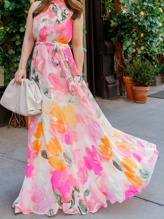 Eliza J Dresses & Skirts - Eliza J Pink & Orange Floral Halter Maxi Dress Size 8